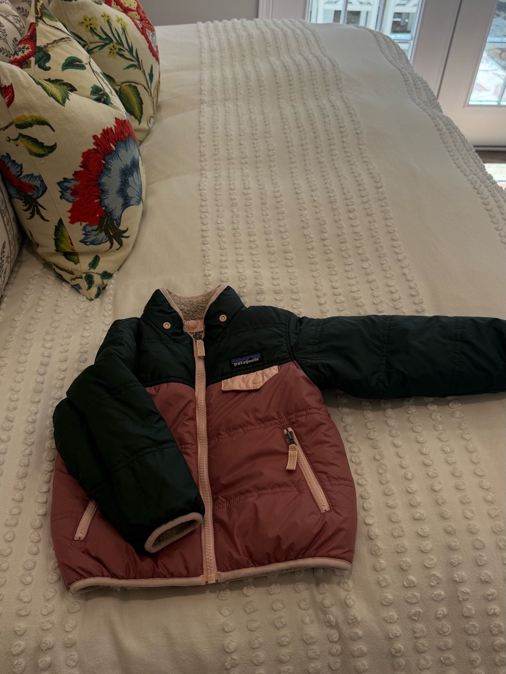 Patagonia Kids Reversible Dark Green & Dusty Pink Tribbles Jacket with Hood